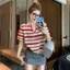 Áo thun ngắn tay dệt kim sọc đen dành cho nữ 2026 Phong cách mới Thiết kế mùa hè Niche Loose Casual cổ chữ v Top Hợp thời trang