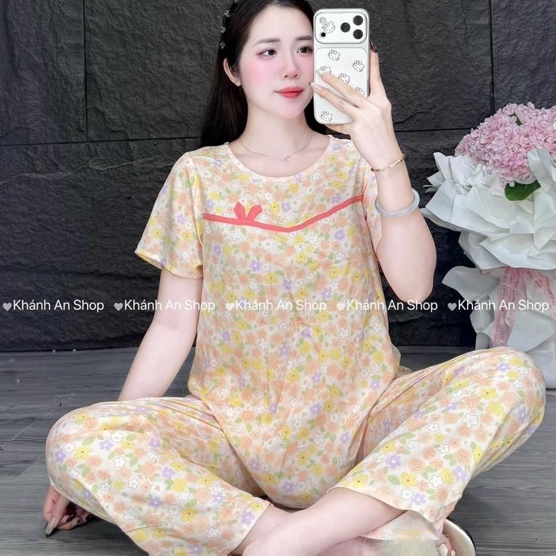 KA555-Fom Gọn Mặc Rộng Lên 1 size - Đồ Bộ Tole Lanh Nữ Áo Tay Ngắn Cổ Tròn Phối Viền Quần 8 Tấc Size 40-80kg D13