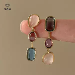 Bông tai đá quý đầy màu sắc bất đối xứng dành cho nữ Kim bạc Trung bình Bông tai tương phản cổ Thiết kế Sense [Mina]