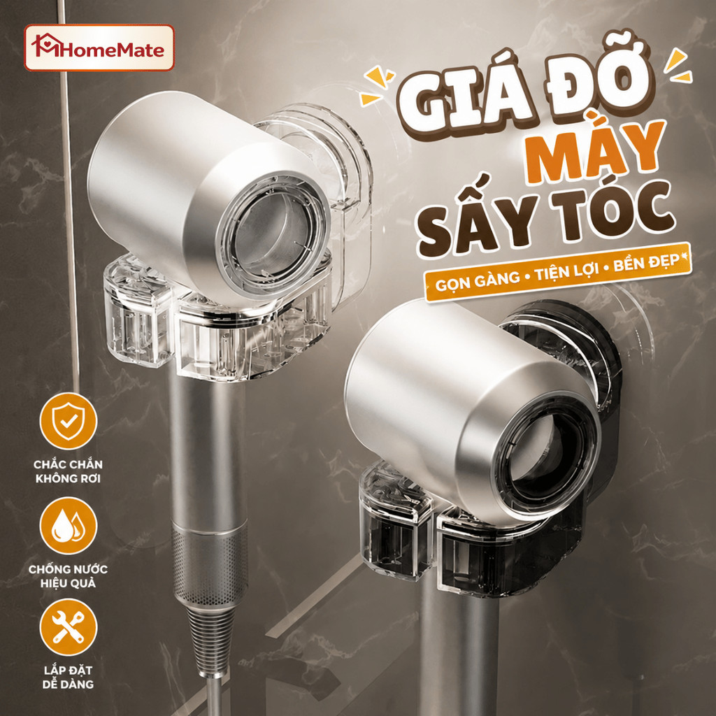 Giá Đỡ Máy Sấy Tóc HomeMate Xoay 360° Dán Tường Không Khoan, Kệ Treo Máy Sấy Có Cốc Hút Siêu Chắc Chịu Lực 15KG