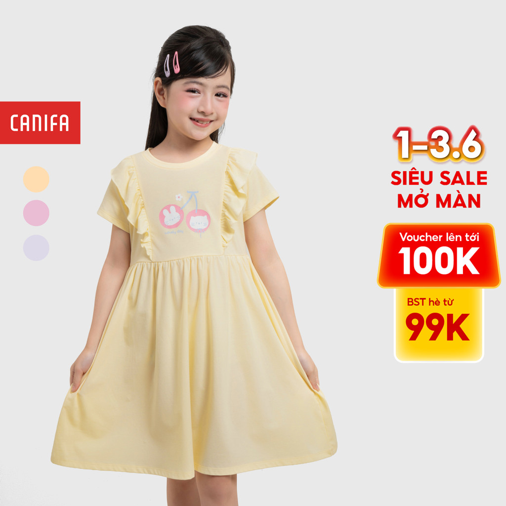 Váy liền bé gái CANIFA cộc tay dáng babydoll phối bèo có hình in 1DS26S003