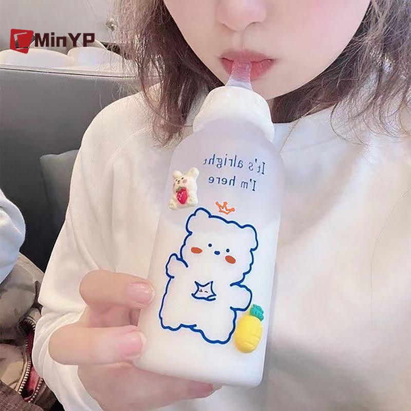 CMinYP 400ml Kawaii Nhựa Dâu Gấu Nước Cho Trẻ Em Người Lớn Sữa Nước Ống Hút Cốc Mờ Chống Rò Rỉ Chai Uống Glory