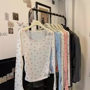 Áo Đeo Vai JUIC, Áo Sơ Mi In Nơ Lưới, Áo Dài Tay Ngọt Ngào Slim Fit Chống Nắng Y2K Đi Biển