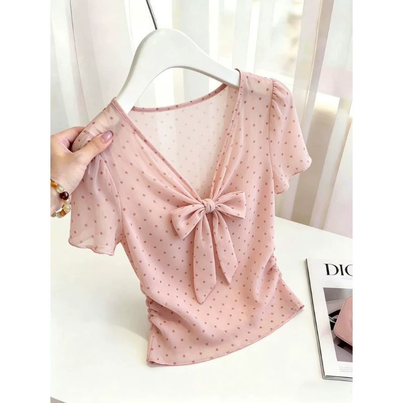 [Seckill trong thời gian có hạn] Phong cách dịu dàng Retro Chấm Bi Nơ Tay Ngắn Nữ Mùa Hè Phong Cách Mới Cổ Chữ V Pháp Tính Khí Giảm Tuổi