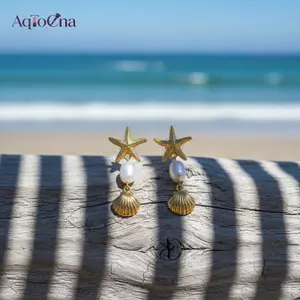 AqToCna Vintage Bohemian Sao Biển Bông Tai Với Ngọc Trai Vàng Thả Thiết Kế Dành Cho Nữ Mùa Hè Đi Biển Phụ Kiện AqToCna