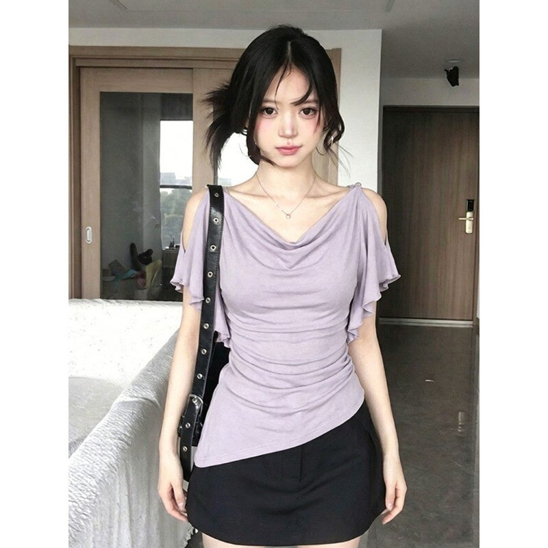 Áo thun trễ vai đơn giản màu trơn nhẹ nhàng dành cho nữ mùa hè mới 260604