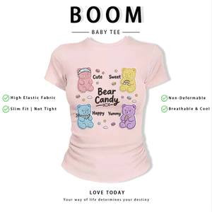 BOOM Áo Baby Tee Nữ Cotton Ôm Body-Áo Thun Ngắn Tay Y2K In Hình PhongCách Mùa Hè, Cổ Tròn Hàng Đầucách hàn quốc phong093