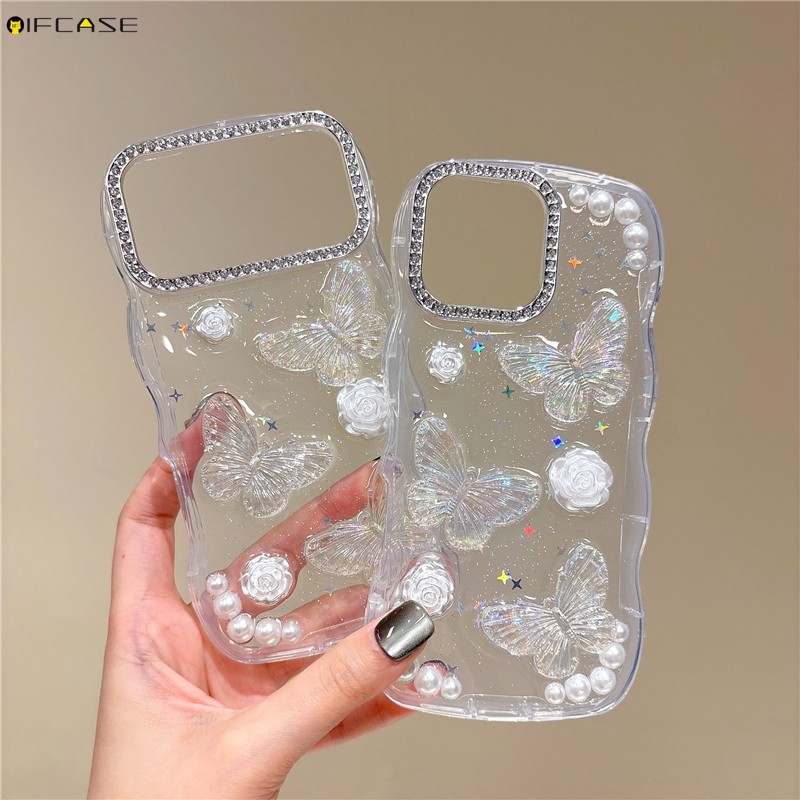 Ốp lưng 3D stereo cho OPPO Reno 15F 15 14 13 K14 K14X K13X K12X Find X8 Ultra Pro X8S, thiết kế bướm hoa hồng ngọc trai, viền sáng bóng