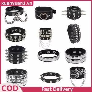 XUAN 90 Thời Trang Punk Phong Cách Vòng Tay Cá Tính Da PU Ba Hàng Gai Vuông Vòng Tay Lắc Tay 2024 Đảng Trang Sức Quà Tặng VN