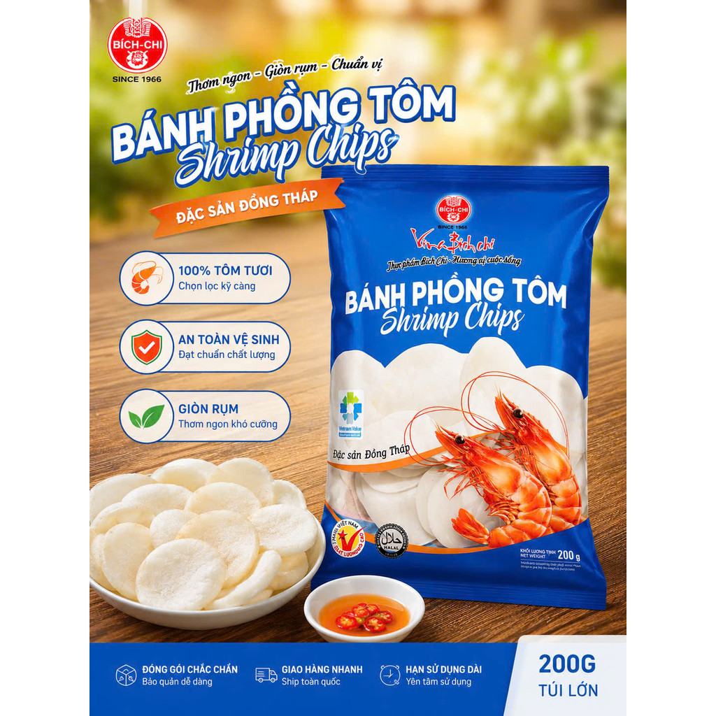 Bánh Phồng Tôm Bích Chi Gói Lớn 200Gr - Thơm ngon, giòn rụm - đặc sản Đồng Tháp