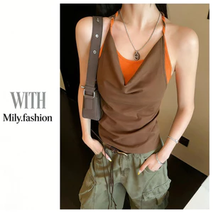 Milyfashion Màu Sắc Tương Phản Xoay Cổ Sling Mùa Hè Xoắn Phong Cách Mới Hot Girl Slim-fit Áo Ngắn Top Pure Desire GJJE