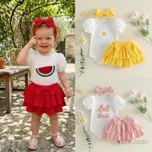 Bé Gái Thêu Dưa Hấu / Daisy Puff Tay Áo Liền Quần Có Tầng Váy Tutu & Nơ Băng Đô Bộ Trang Phục Mùa Hè