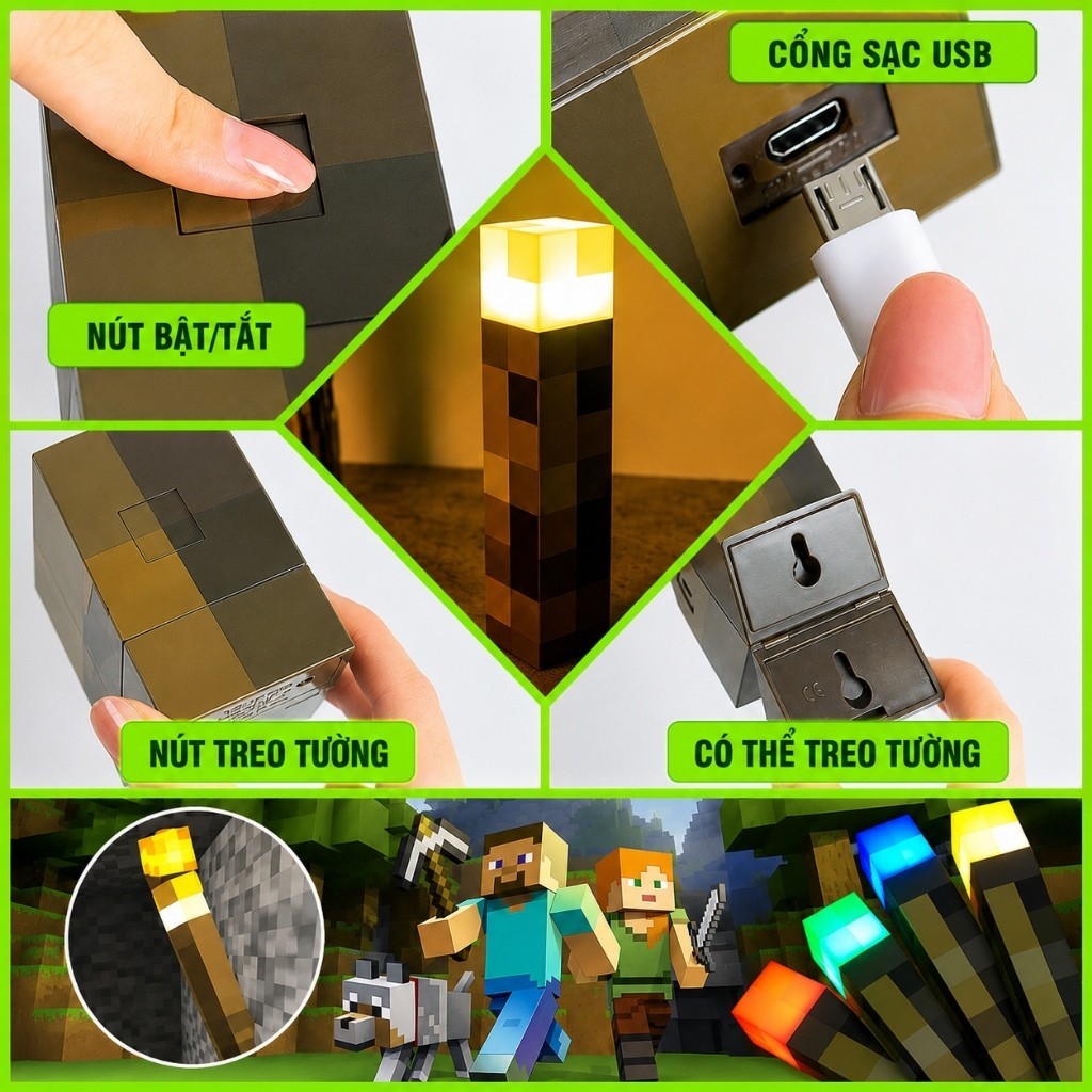 Đèn ngủ nhỏ phong cách Minecraft – Đèn đuốc sạc pin, 4 màu tuỳ chỉnh, đèn treo tường trang trí phòng ngủ, pin siêu trâu