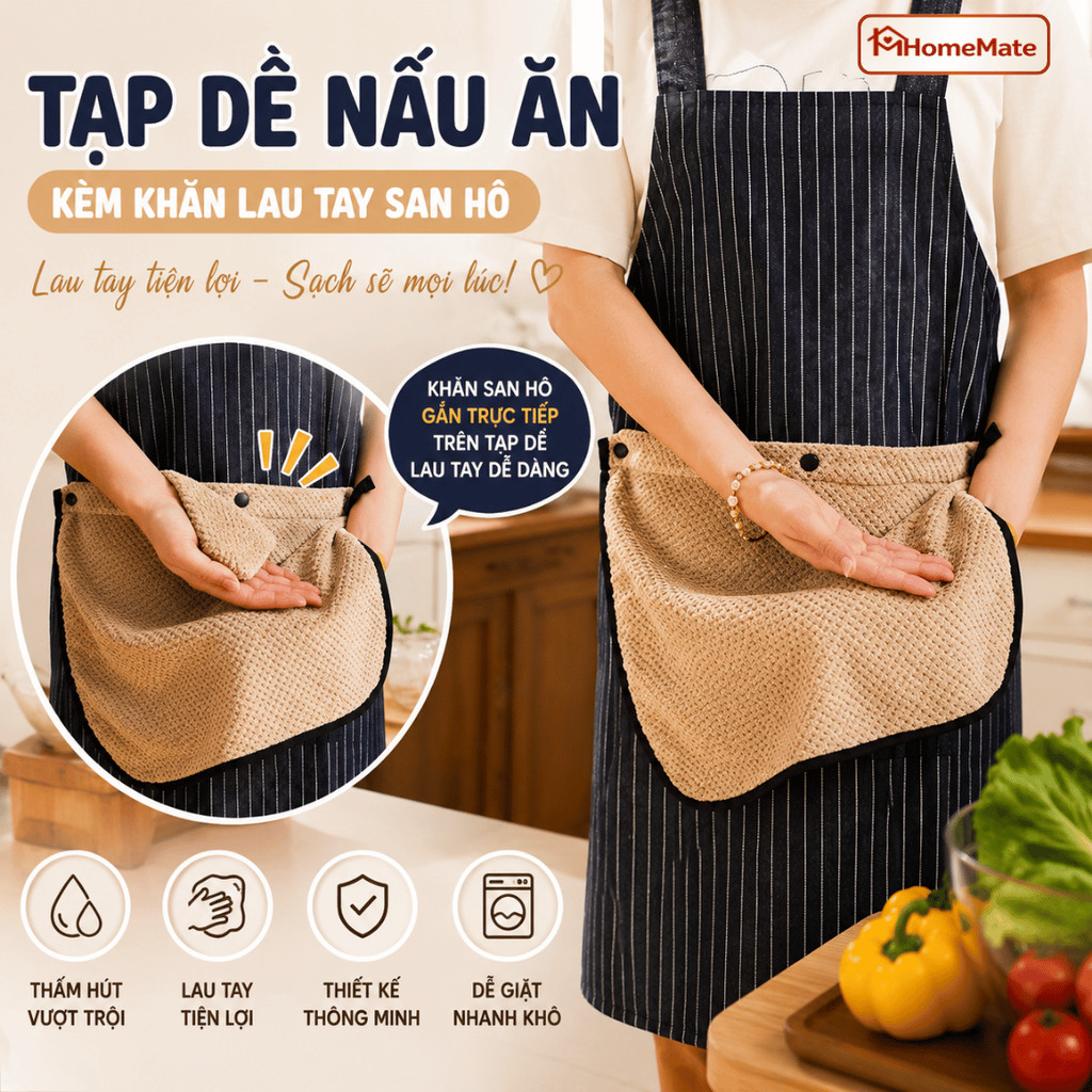 Tạp Dề Nấu Ăn HomeMate Chống Thấm Dầu, Có Khăn Lau Tay San Hô Tháo Rời Kèm Túi Đựng Đồ Tiện Lợi