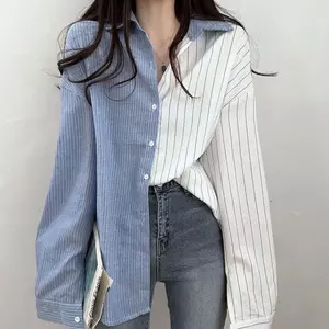 Thiết kế thích hợp giảm tuổi dễ thương mùa thu Màu sắc tương phản Áo sơ mi sọc thông thường dành cho nữ
