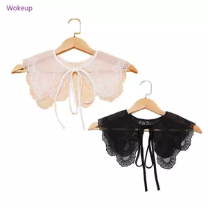 Woke Nữ Emboridery Ren Khăn Choàng Nửa Áo Sơ Mi Hai Lớp Dickey Cổ Có Thể Tháo Rời Ren-Up Nơ Khăn Choàng Nữ