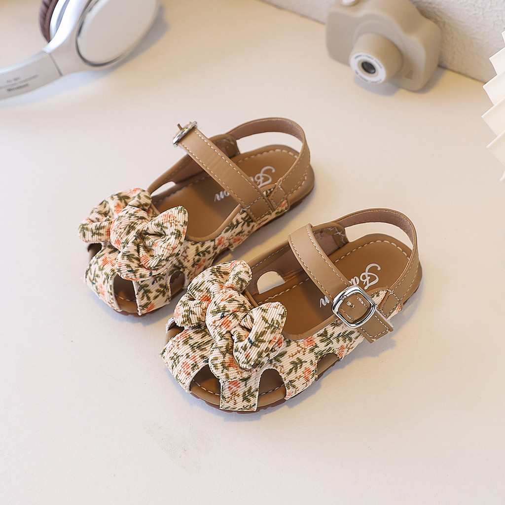 Bella Neman Giày sandal bé gái đầu búp bê hoa/leopard nơ, đế mềm êm chân, chống trượt mùa hè