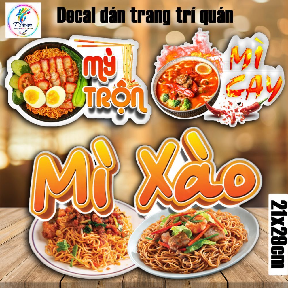 Decal MÌ TRỘN-MÌ XÀO-MÌ CAY trang trí quán nước,dán tường, tủ kính,cao cấp chống nước-mì trộn A4 cắt sẵn chỉ cần lột dán