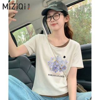 [MIZIQI] Áo thun ngắn tay hai mảnh bằng Cotton nguyên chất Dopamine dành cho nữ, Áo thun cổ vuông màu tương phản mùa hè