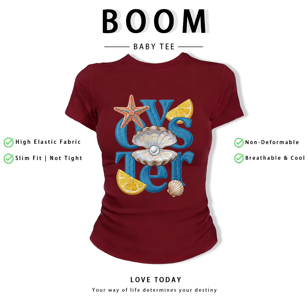 BOOM Áo Baby Tee Nữ Cotton Ôm Body-Áo Thun Ngắn Tay Y2K In Hình PhongCách Mùa Hè, Cổ Tròn Hàng Đầucách hàn quốc phongV63