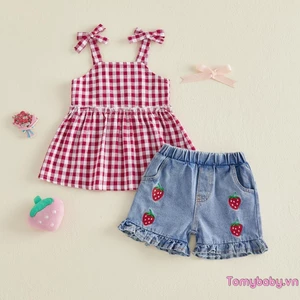 2 Bộ Trang Phục Mùa Hè Cho Bé Gái Áo Nơ Không Tay + Bộ Quần Short Denim