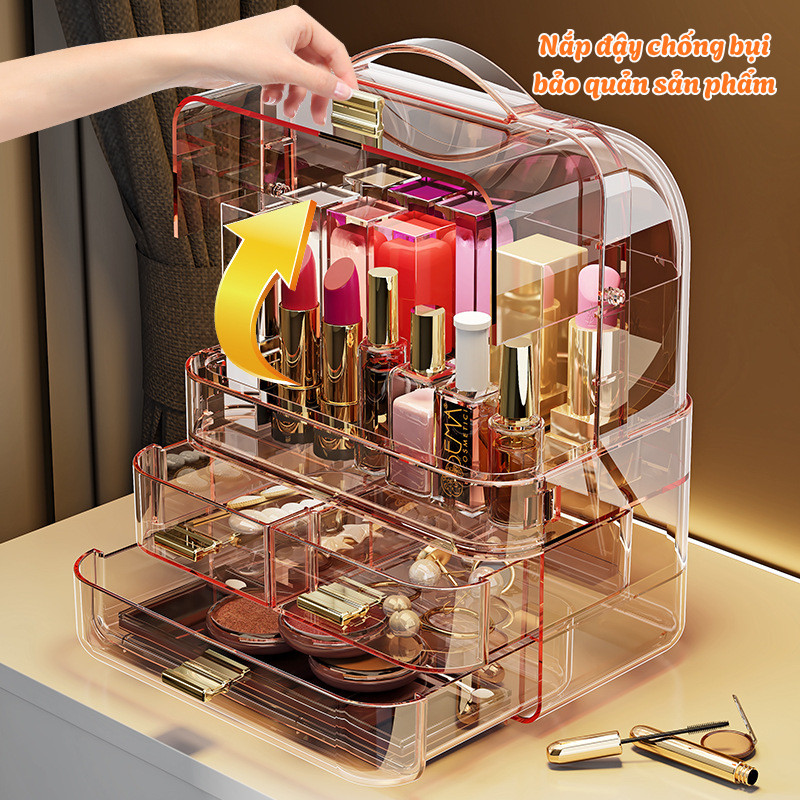 Tủ Đựng Mỹ Phẩm HomeMate Trong Suốt Acrylic Có Tay Cầm, Kệ Makeup Nhiều Ngăn Có Nắp Chống Bụi Cao Cấp