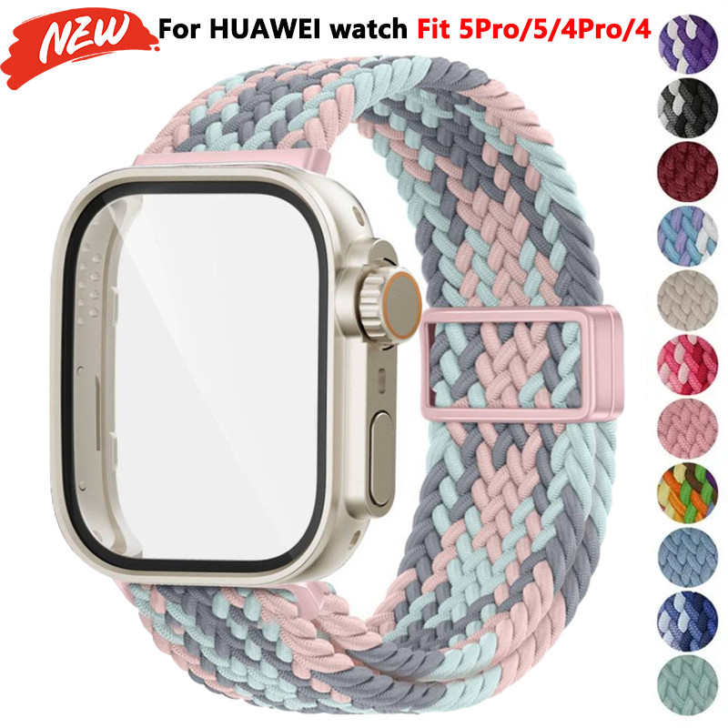 Dây đeo bện Nylon cho Huawei Fit 5/Fit 5 Pro/Fit 4/Fit 4 Pro kèm kính cường lực, khung bảo vệ màn hình