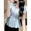 Áo sơ mi ngắn tay kiểu Pháp Áo voan sọc xanh mùa hè Phong cách mới Vỏ mm cao cấp bụng eo hẹp Phong cách bán chạy