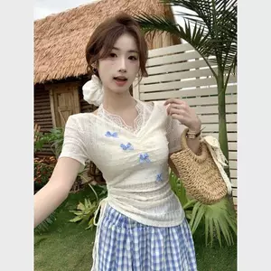 Áo thun ngắn tay cổ chữ v có dây buộc cổ chữ v giả hai mảnh Áo thun ngắn tay thiết kế mùa hè dành cho nữ Áo ngắn dây rút