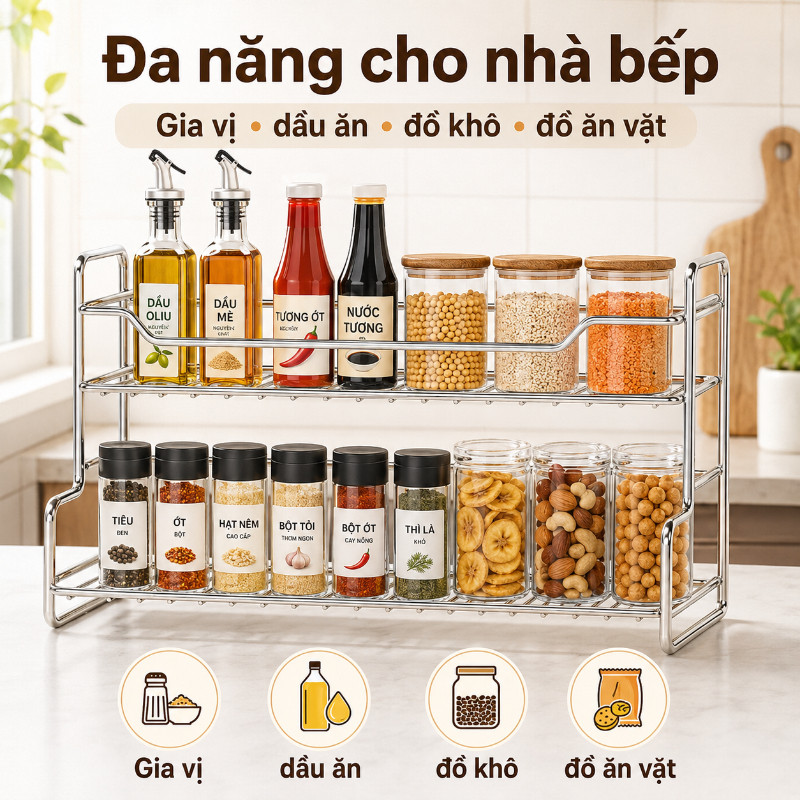 Kệ Để Đồ Đa Năng 2 Tầng Bằng Inox - Đựng Gia Vị & Dụng Cụ Bếp, Thiết Kế Thoáng, Dễ Lau Chùi, Giúp Gian Bếp Ngăn Nắp