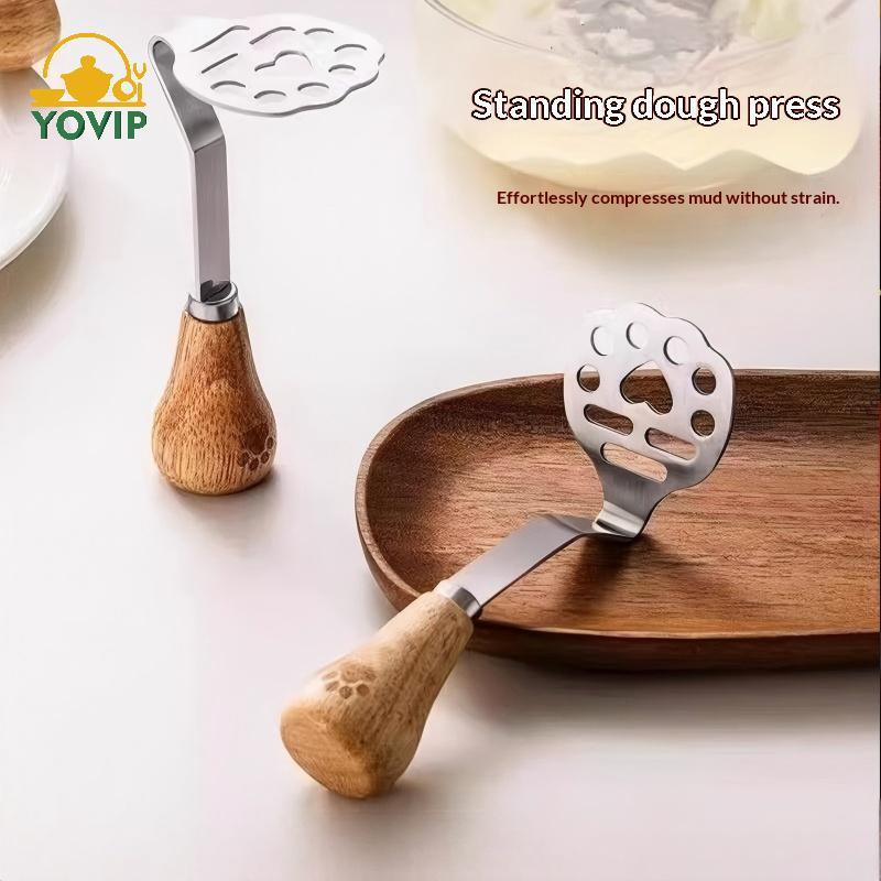 Máy nghiền khoai tây bằng thép không gỉ YOVIP có tay cầm bằng gỗ, Dụng cụ nghiền khoai tây cấp thực phẩm để nướng tại nhà, 12,5x5,5cm, 430 thép không gỉ VN