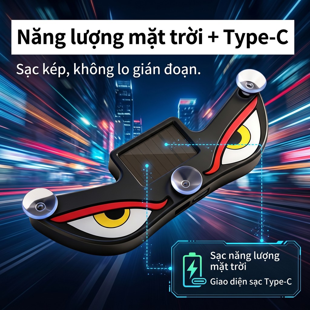 Đèn LED năng lượng mặt trời ô tô Đèn cảnh báo mắt quỷ Đèn rung nhạy cảm Type-C Đèn thở Độ sáng cao Cửa sổ nội thất ô tô