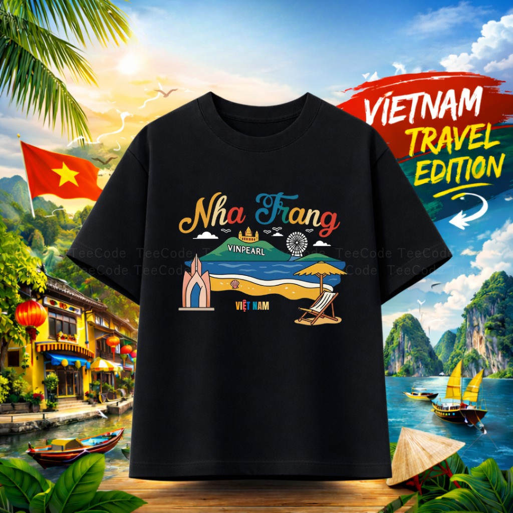 （Giao hàng 24h）Angela Áo Thun Việt Nam Nha Trang Du Lịch Vietnam In Hình Biển Tháp Hòn Nam Nữ Unisex Cổ Tròn#123