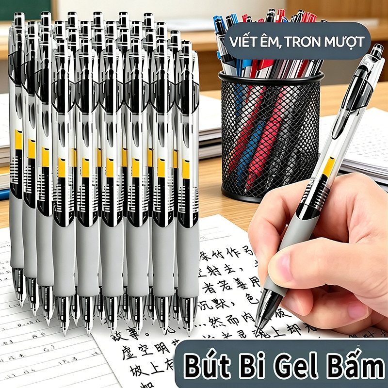 Học Tập Văn Phòng Combo 30 Bút Bi Bấm Đệm Cao Su, Mực Nước Đen Xanh Đỏ Nét Đều, Khô Nhanh Chống Nhòe