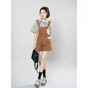 Áo sơ mi kẻ sọc dáng rộng vui nhộn kiểu cổ điển + Áo yếm thiết kế phong cách Preppy bọc thịt Bộ đồ đồng phục giảm tuổi dễ thương