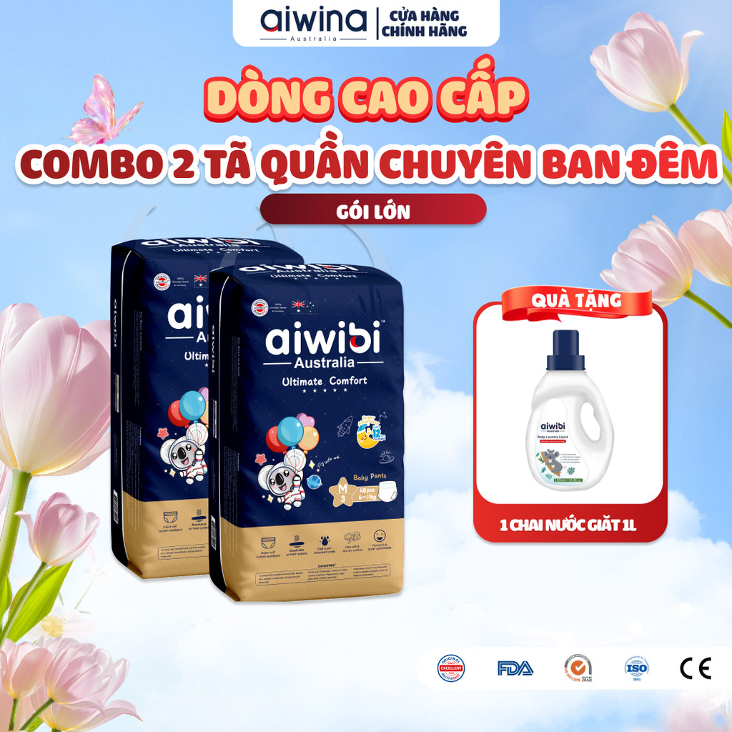 [Combo 2] Tã/Bỉm Quần Cao Cấp Aiwibi Chuyên Ban Đêm Ultimate Comfort Gói Lớn M48/L44/XL40/XXL36