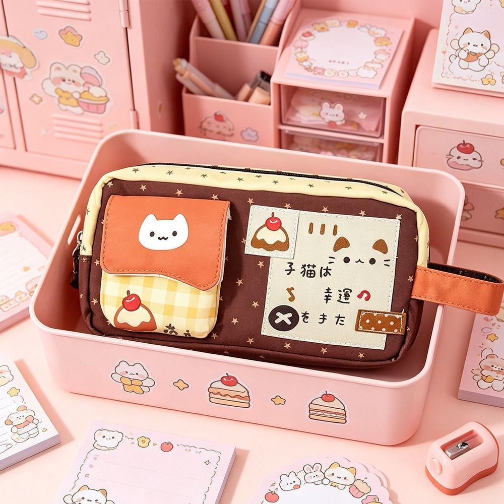 Bút Chì THFENG, Túi Đựng Bút Mèo Con Pudding Di Động, Dây Kéo Phong Cách Hàn Quốc Dung Tích Lớn Túi Văn Phòng Phẩm Quà Tặng