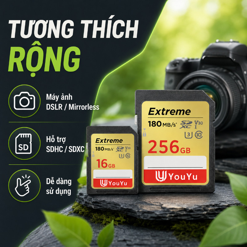 Thẻ Nhớ SD U3 V30 – Đọc 180MB/s, Hỗ Trợ 4K & RAW, 32-256GB, Dùng Cho DSLR & Máy Quay
