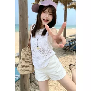 Quần short đi biển trắng mùa hè siêu đẹp phiên bản Hàn Quốc dành cho nữ mặc ngoài thể thao thông thường Quần short ống rộng chữ A eo cao