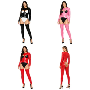 Nyeemya Nữ Ướt Nhìn Da PU Rompers Rỗng Ra Cốc Dài Tay Dây Kéo Phía Trước Quần Legging Một Mảnh Áo liền quần Cho Hộp Đêm Rave Đảng