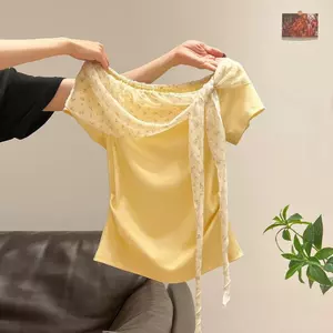 Áo thun ngắn tay thêu ren hoa màu vàng dành cho nữ 2026 Xuân hè Phong cách mới Slim-fit S