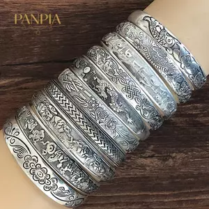 PNPIA- Retro Mở Vòng Tay Trang Sức Vintage Tây Tạng Bạc Totem Khắc Lắc Tay Vòng Tay