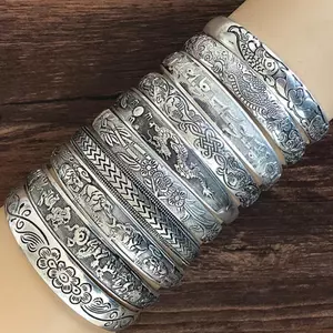 ECK Retro Mở Vòng Tay Trang Sức Vintage Tây Tạng Bạc Totem Khắc Lắc Tay Còng HOT