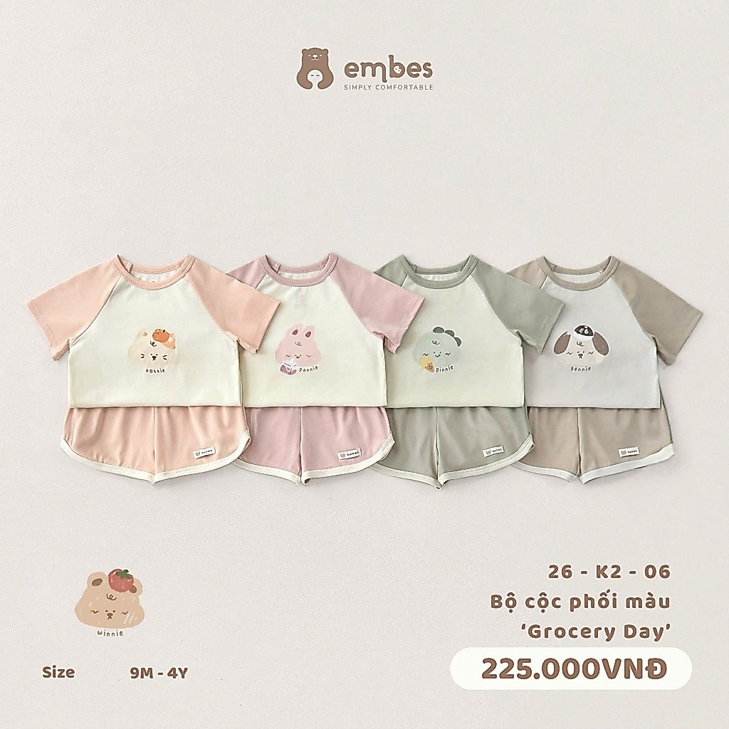 Bộ Cộc Cho Bé Embes, Bộ Cộc Tay Phối Màu In Họa Tiết Chất Mềm Mát Cho Bé Trai Bé Gái Size Từ 8-17Kg