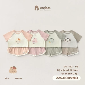 Bộ Cộc Cho Bé Embes, Bộ Cộc Tay Phối Màu In Họa Tiết Chất Mềm Mát Cho Bé Trai Bé Gái Size Từ 8-17Kg