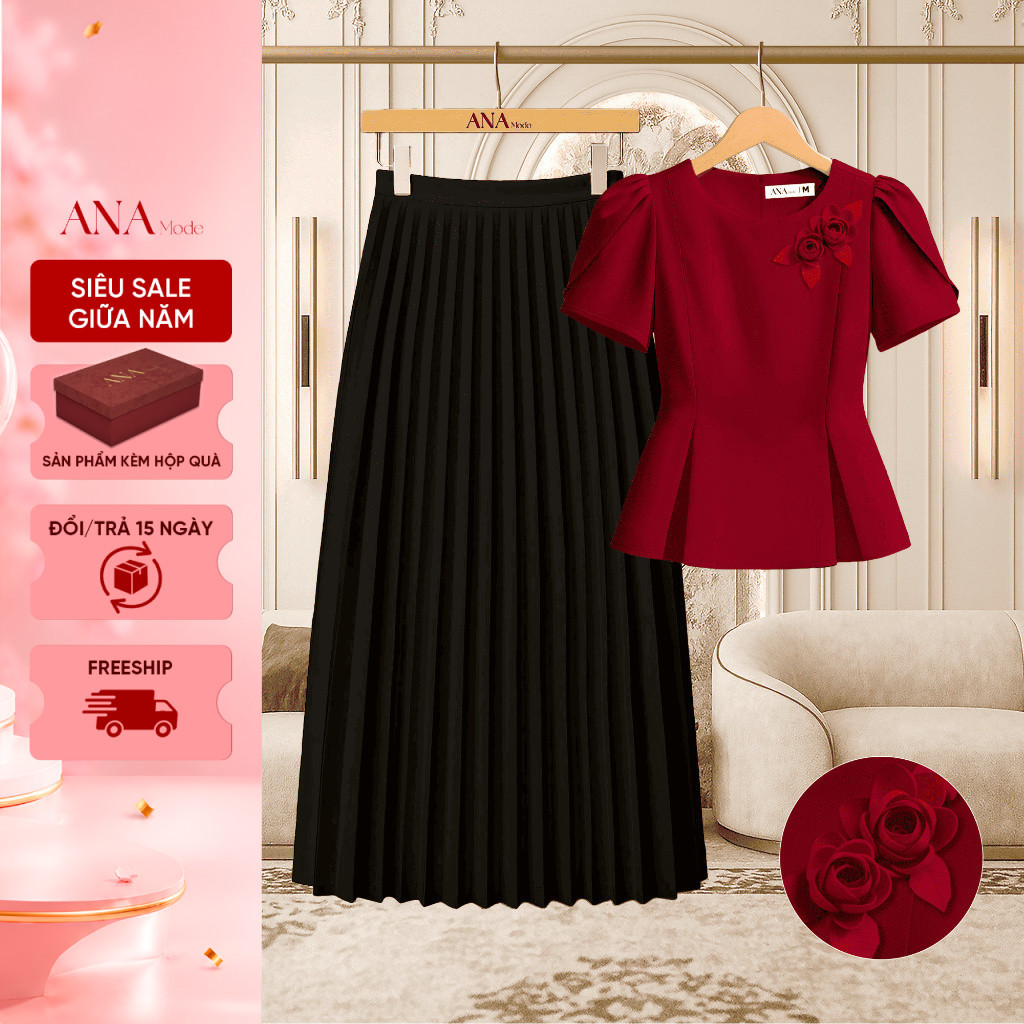 Set Quà Tặng Mẹ Ý Nghĩa Thương Hiệu ANA Mode (Áo VHG14 + Chân váy CHE17 kèm hộp quà)