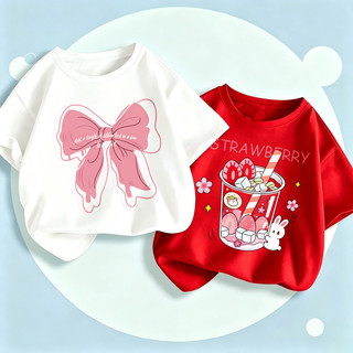 Áo Thun Bông Bé Gái In Nơ Thỏ Dâu Cute, Áo Ngắn Tay Hè COD