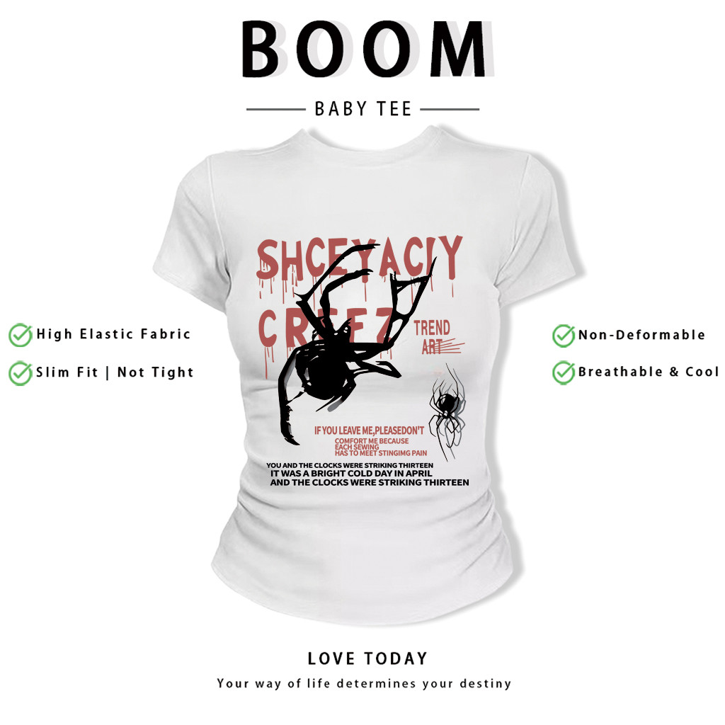 BOOM Áo Baby Tee Nữ Cotton Ôm Body-Áo Thun Ngắn Tay Y2K In Hình PhongCách Mùa Hè, Cổ Tròn Hàng Đầucách hàn quốc phong112