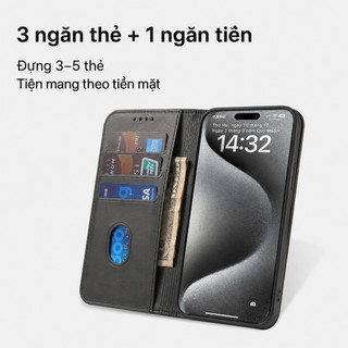 Bao da iPhone gập nắp ví khe thẻ chống sốc 360° da cao cấp cho iPhone 17 Air 16 15 14 13 12 11 Pro Max