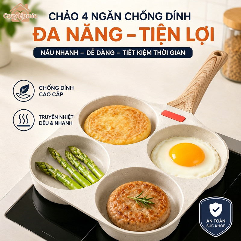 chảo trứng 4 ngăn chống dính dẫn nhiệt đều dễ vệ sinh đa năng làm bánh kếp cho bữa sáng gia đình